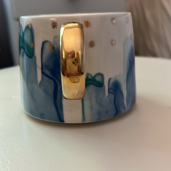 Anthropologie Blue Teal Drip Watercolor Night Sky Gold Ring Handle Mug - Picture 2 of 10